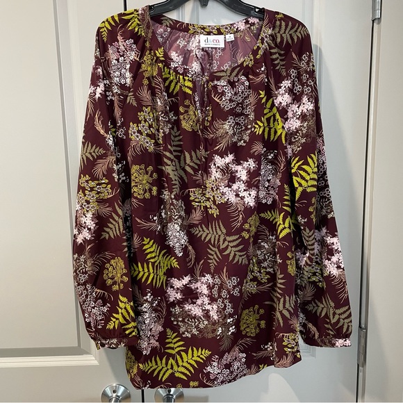 Denim and Company Blouse Floral Long Sleeve Like New 1X Brown Green White - Picture 3 of 9